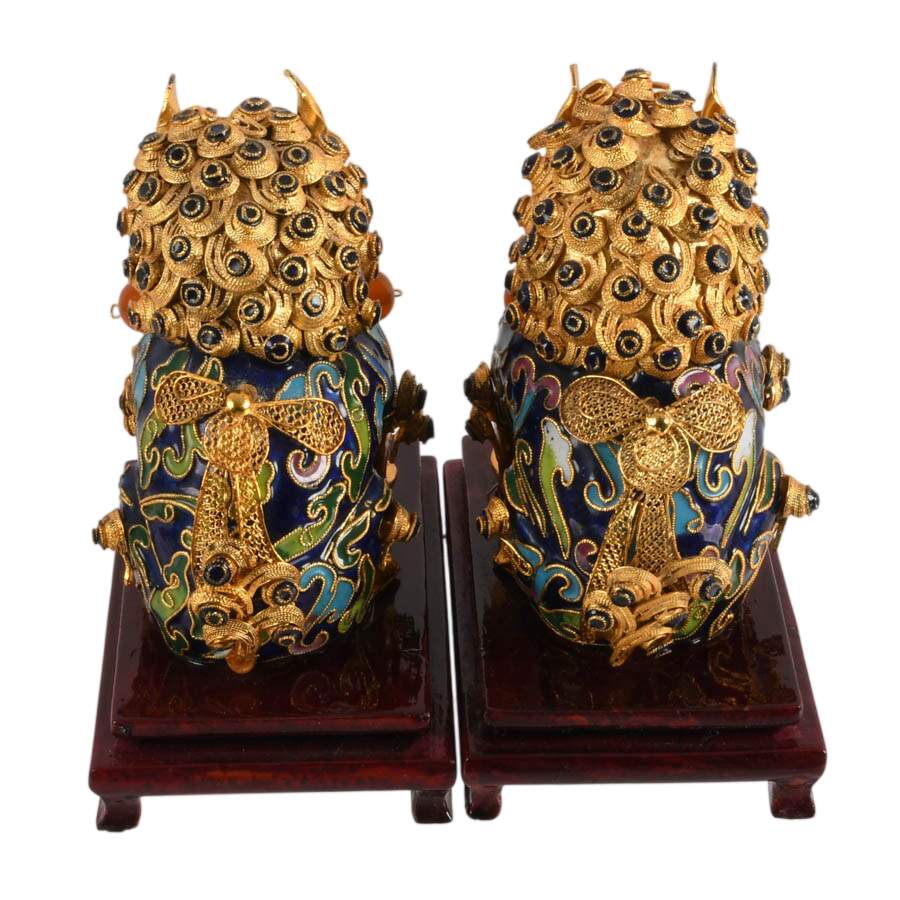 Pair of Cloisonné Copper Enamel Imperial Lions Figurines-3