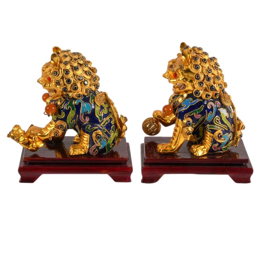 Pair of Cloisonné Copper Enamel Imperial Lions Figurines-2
