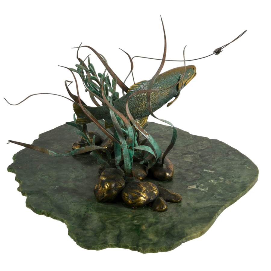 Limited-Edition Gregory Higgins Green Marble and Bronze Fish Sculpture-6