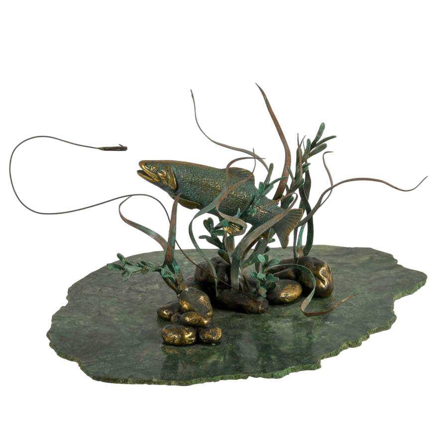 Limited-Edition Gregory Higgins Green Marble and Bronze Fish Sculpture-4