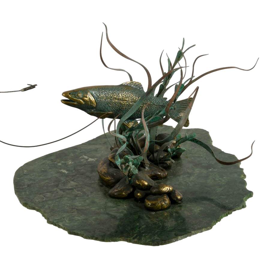 Limited-Edition Gregory Higgins Green Marble and Bronze Fish Sculpture-3