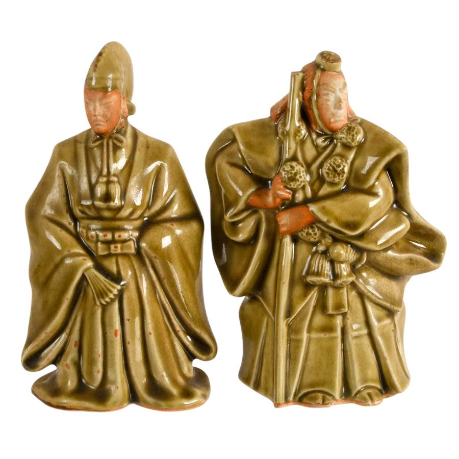 Pair of Celadon Glaze Japanese Kutani Monk Figures-1