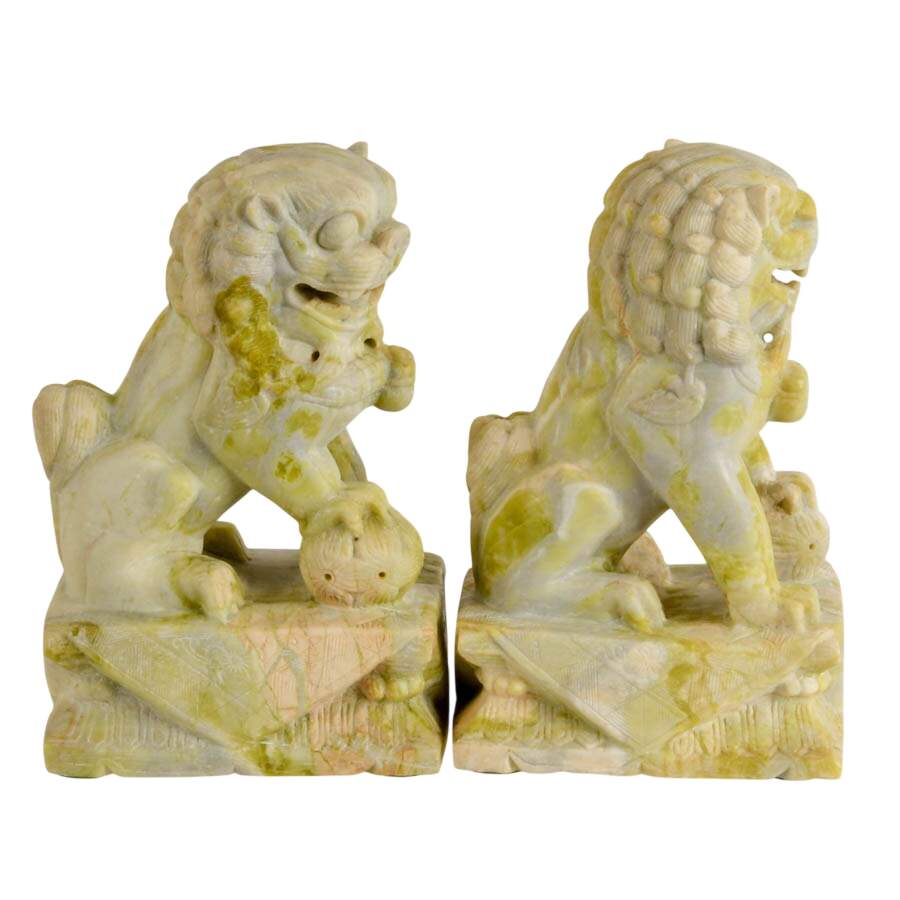 Pair of Carved Green Stone Chinese Guardian Lion Figures-6
