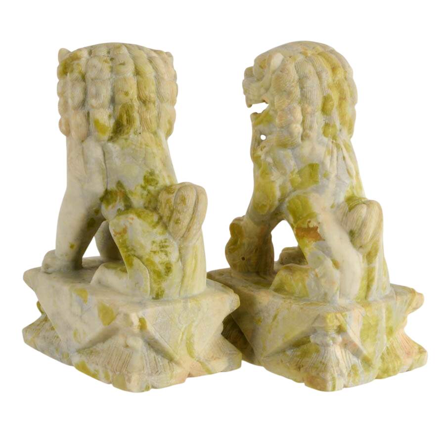 Pair of Carved Green Stone Chinese Guardian Lion Figures-4