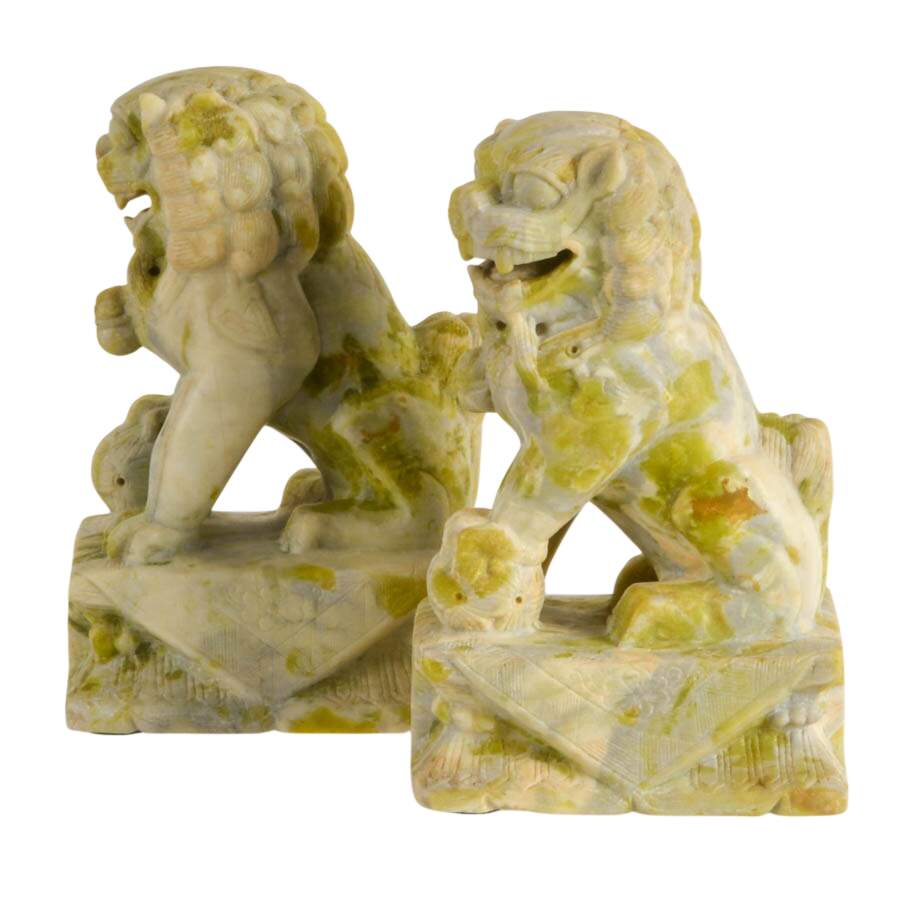 Pair of Carved Green Stone Chinese Guardian Lion Figures-3
