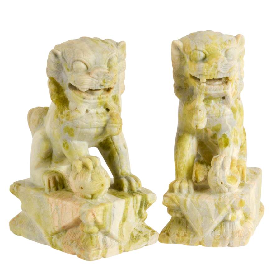 Pair of Carved Green Stone Chinese Guardian Lion Figures-2