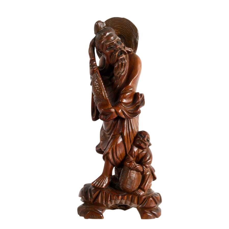 Chinese Wood Carving Fisherman Figurine-1