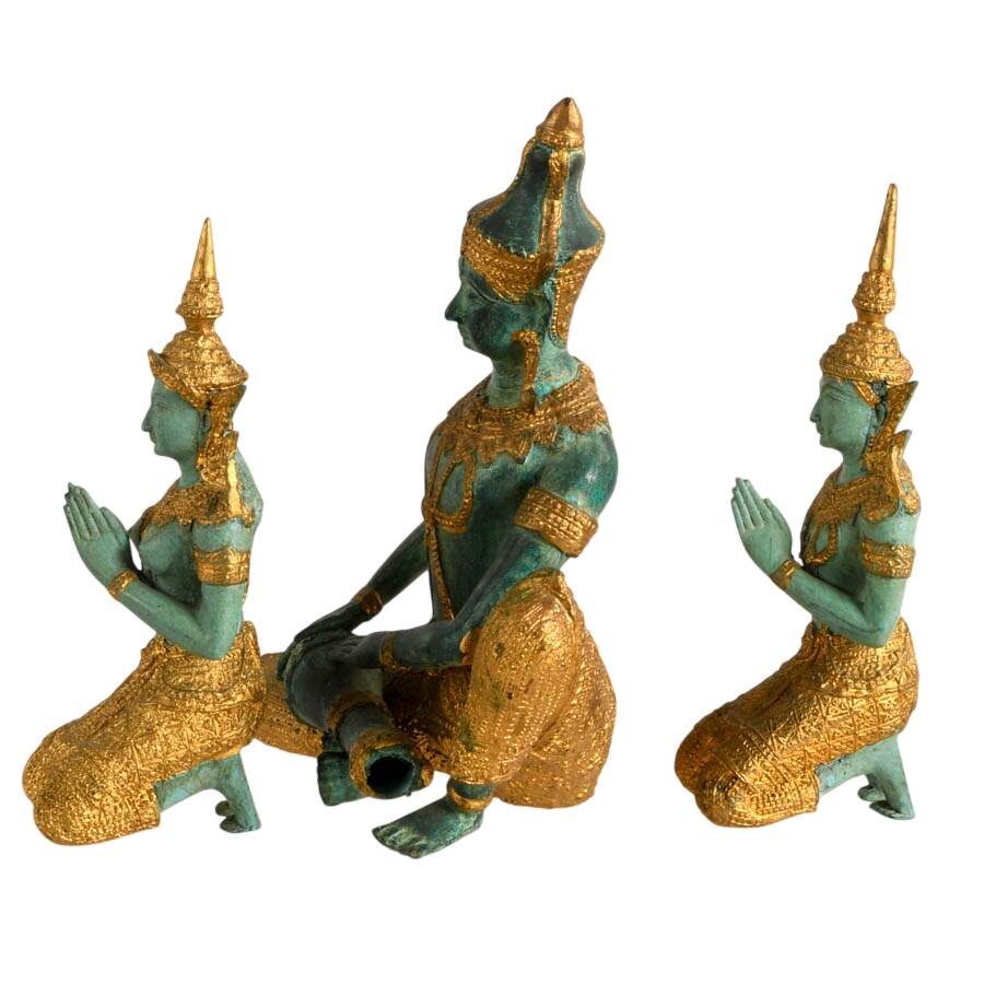 Trio of Thai Bronze Teppanom and Deities Statues-2