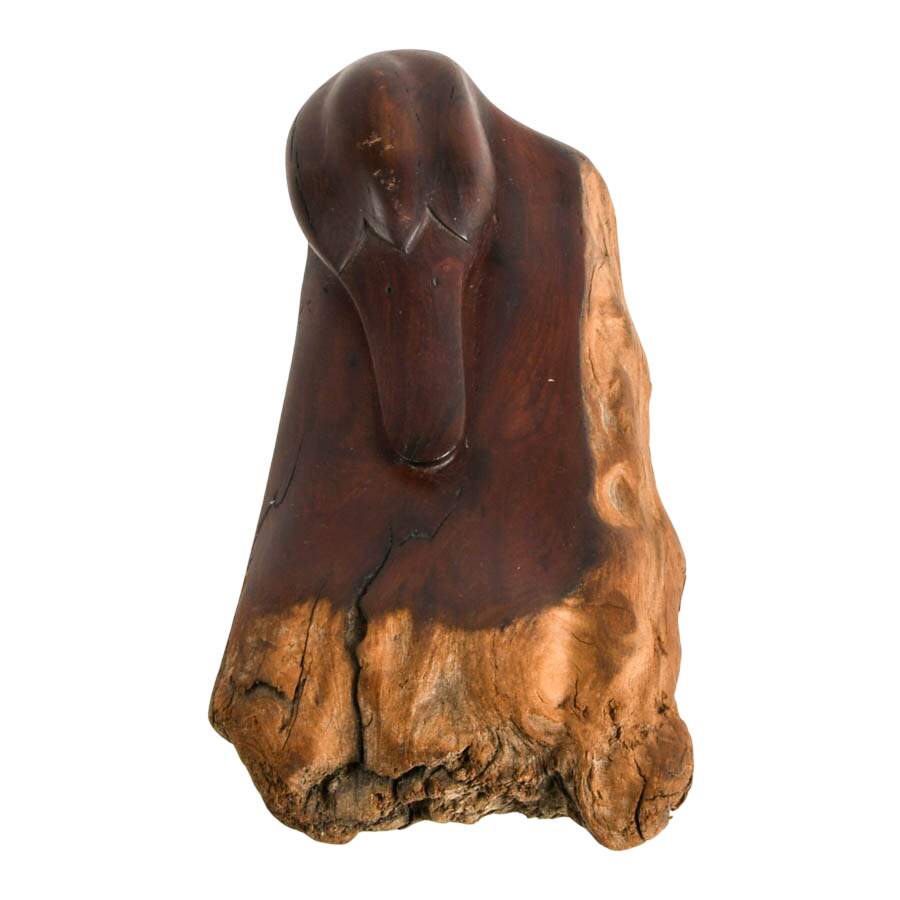 Signed Redwood Driftwood Hand-Carved Minimalist Duck Sculpture-2