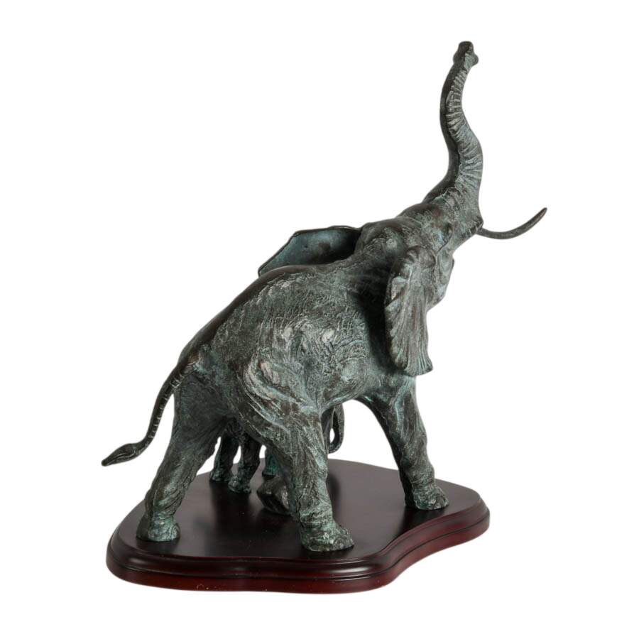 SPI Cast Bronze Mother and Baby Elephant Sculpture on Wood Base-6