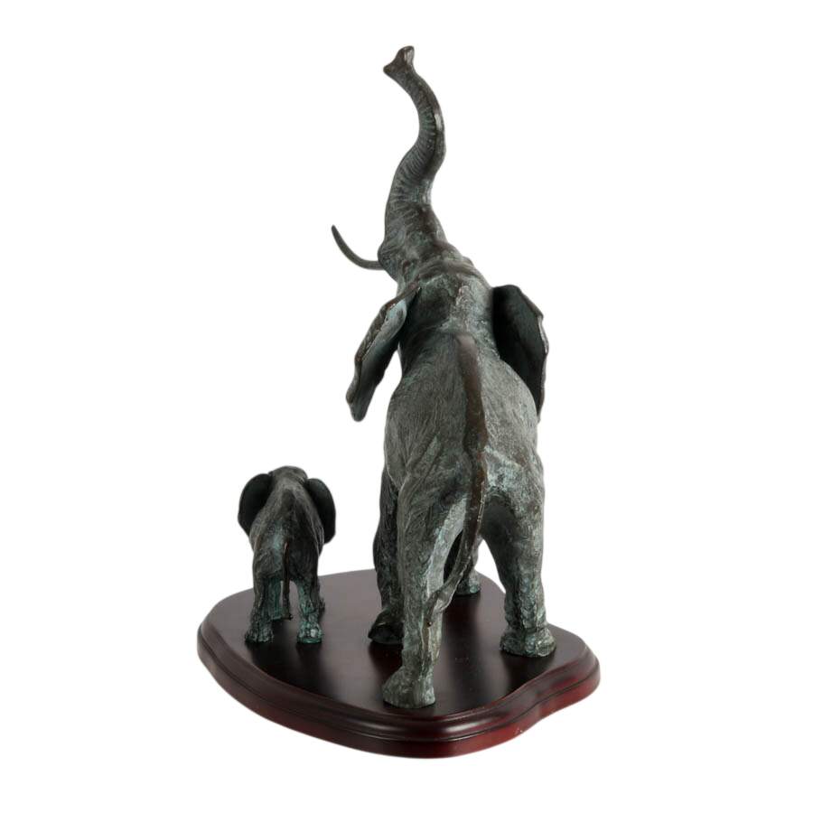 SPI Cast Bronze Mother and Baby Elephant Sculpture on Wood Base-5