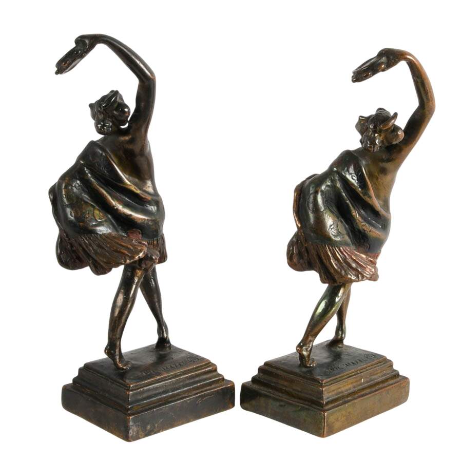 Pair of Signed Paul Herzel Bronze Spanish Tambourine Dancer Figures-6