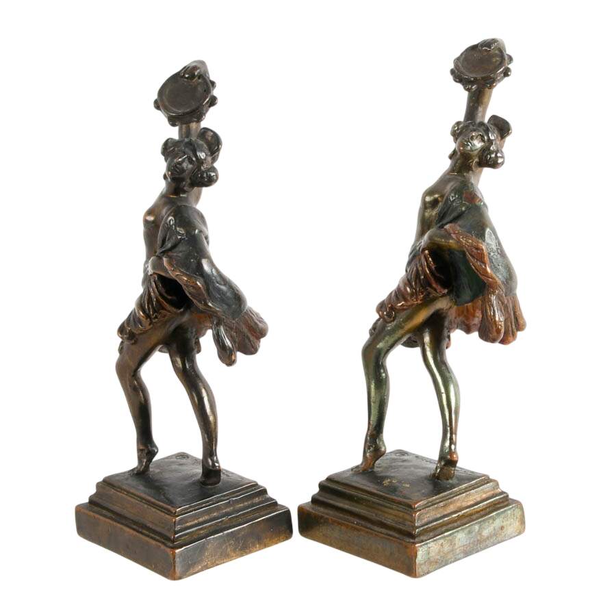 Pair of Signed Paul Herzel Bronze Spanish Tambourine Dancer Figures-4