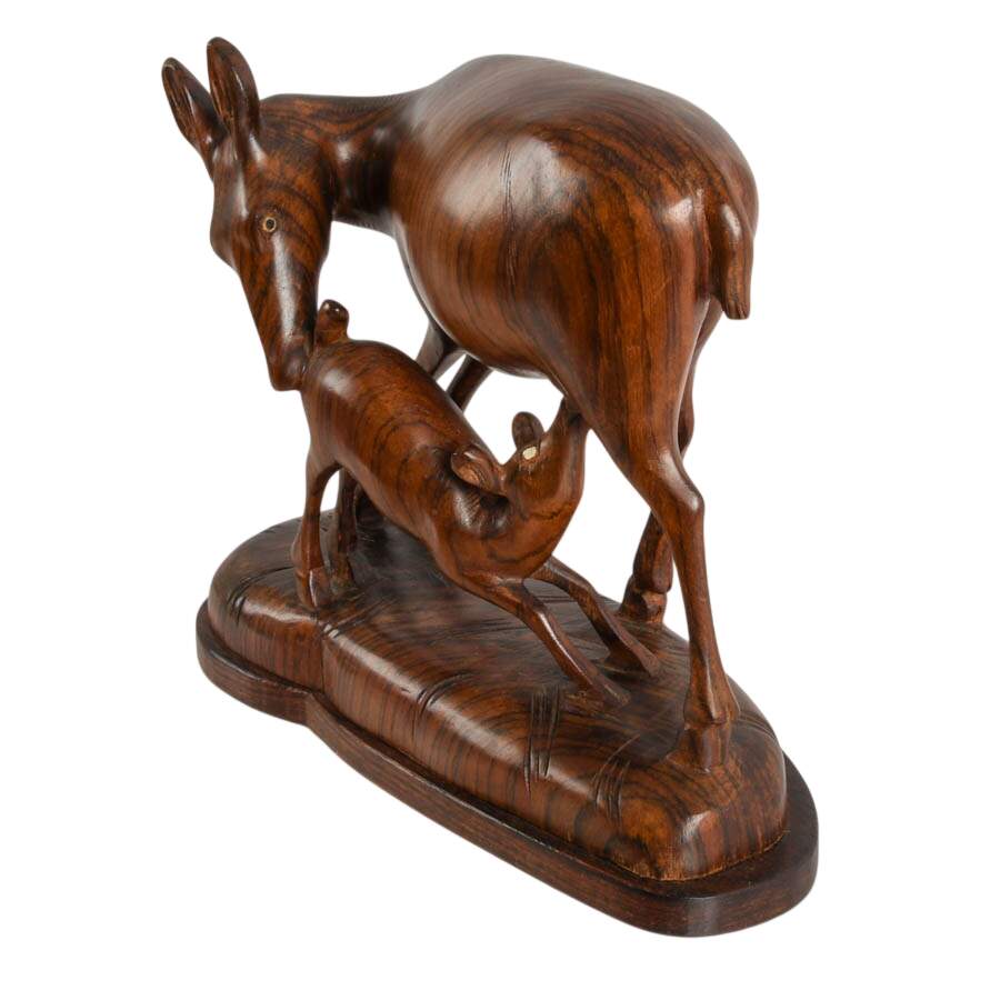 Mid-Century Carved Exotic Wood Mother and Fawn Deer Sculpture-4