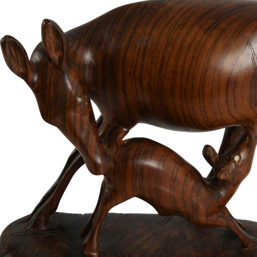 Mid-Century Carved Exotic Wood Mother and Fawn Deer Sculpture-3