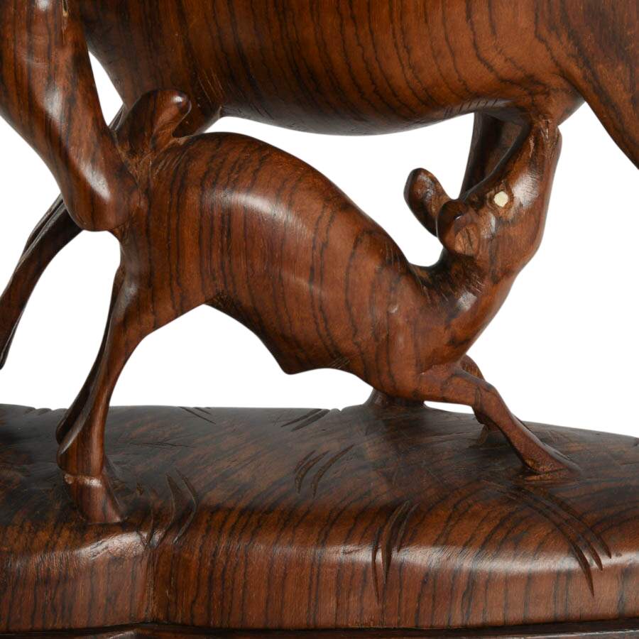 Mid-Century Carved Exotic Wood Mother and Fawn Deer Sculpture-2