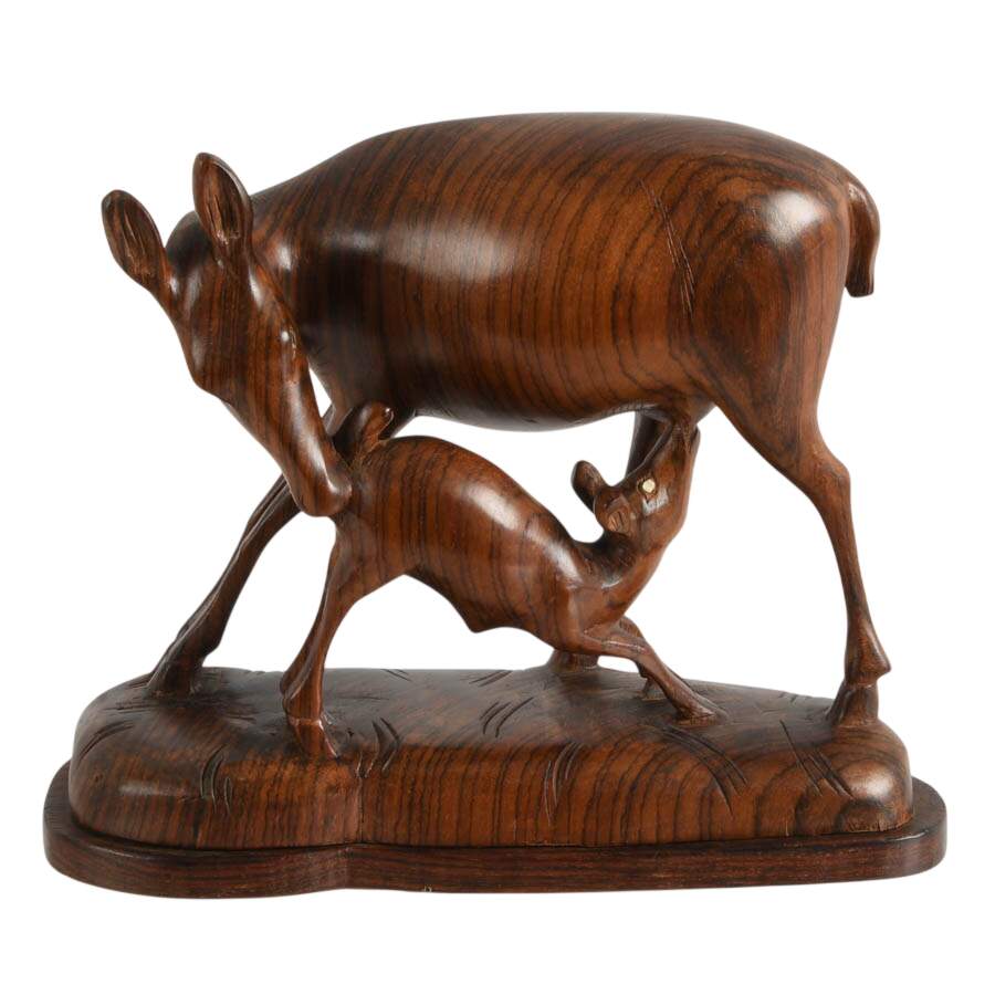 Mid-Century Carved Exotic Wood Mother and Fawn Deer Sculpture-1