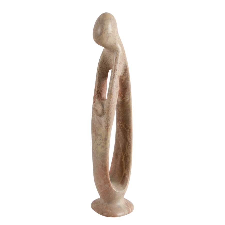 Hand-Carved Modernist-Style Pink Soapstone Family Statue-4