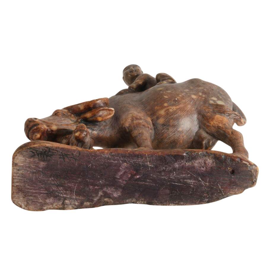 Antique Chinese Carved Soapstone Water Buffalo and His Boy Figurine-8