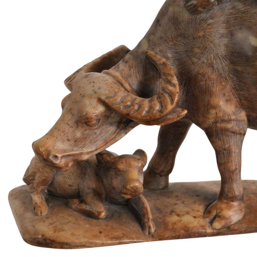 Antique Chinese Carved Soapstone Water Buffalo and His Boy Figurine-3