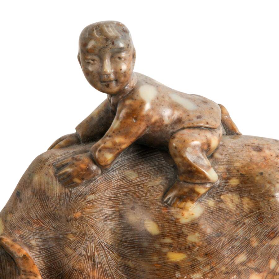 Antique Chinese Carved Soapstone Water Buffalo and His Boy Figurine-2