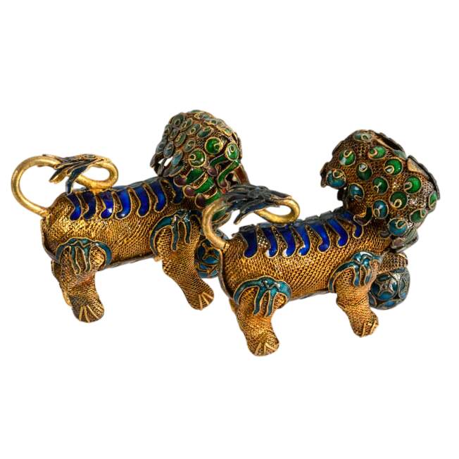 Pair of Chinese Brass and Enamel Imperial Lion Temple Protector Figurines-4