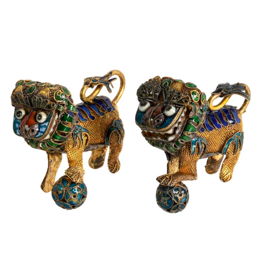 Pair of Chinese Brass and Enamel Imperial Lion Temple Protector Figurines-1