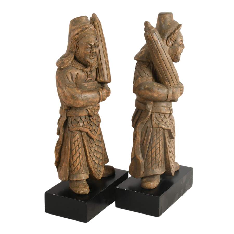 Pair of Carved Wooden Chinese Guardian Figures on Bases-8
