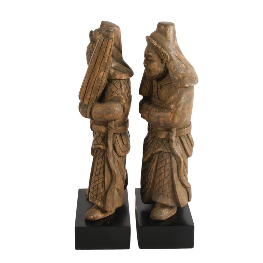 Pair of Carved Wooden Chinese Guardian Figures on Bases-6