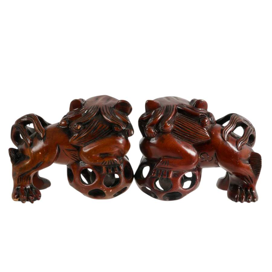 Pair of Hand-Carved Chinese Hard Wood Imperial Lions Figures-7