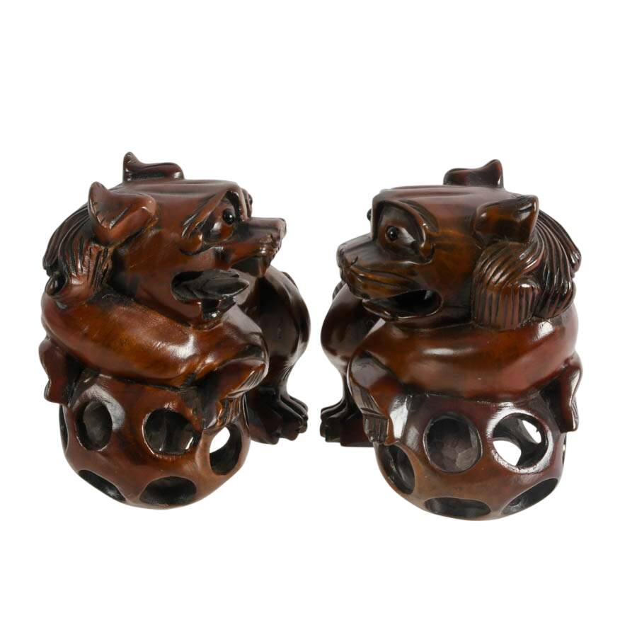Pair of Hand-Carved Chinese Hard Wood Imperial Lions Figures-6