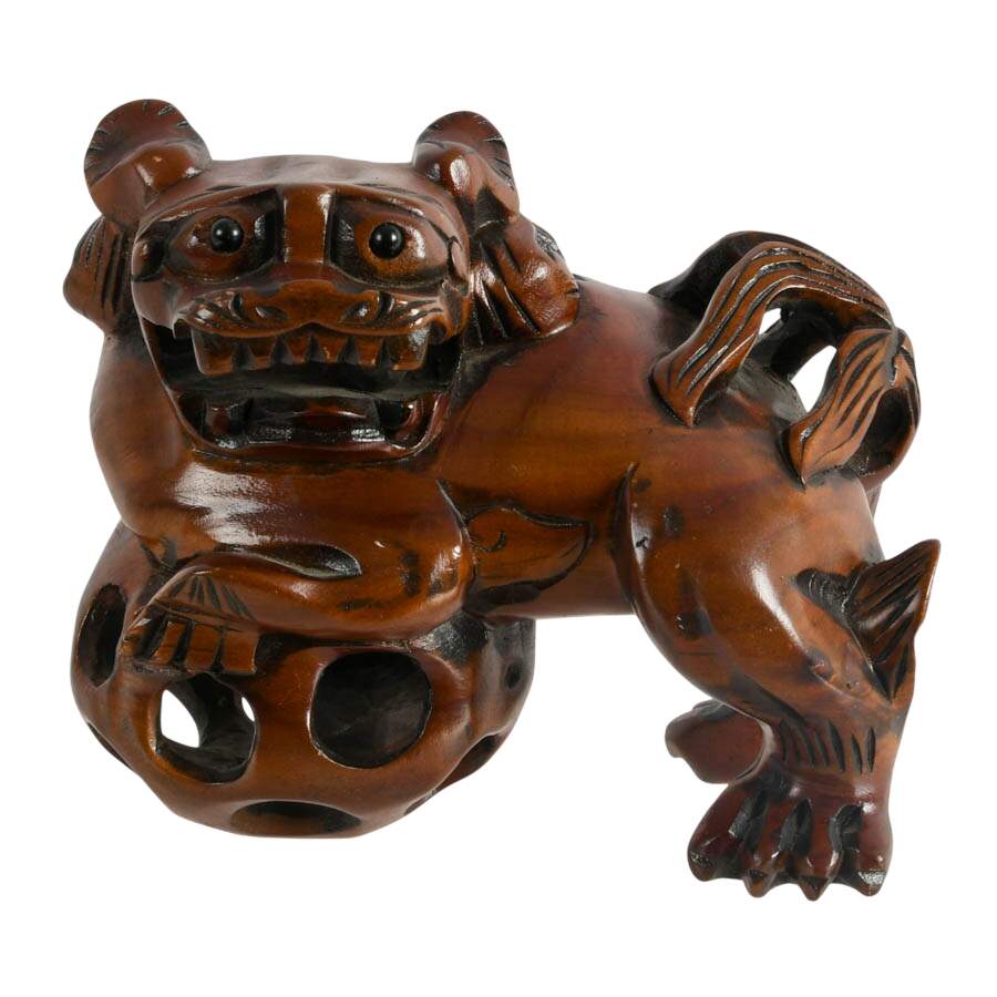 Pair of Hand-Carved Chinese Hard Wood Imperial Lions Figures-2