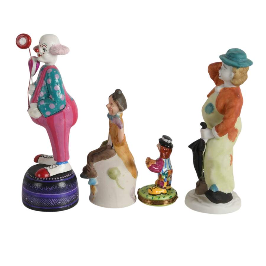 Four Mixed Material Clown Statues Including One Limoges Trinket Box-2