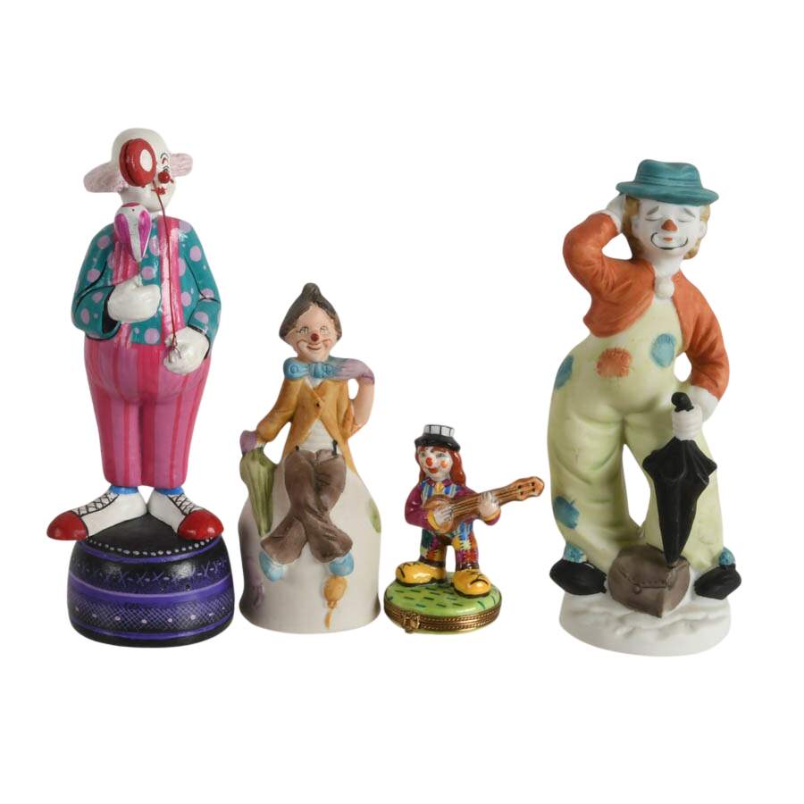 Four Mixed Material Clown Statues Including One Limoges Trinket Box-1
