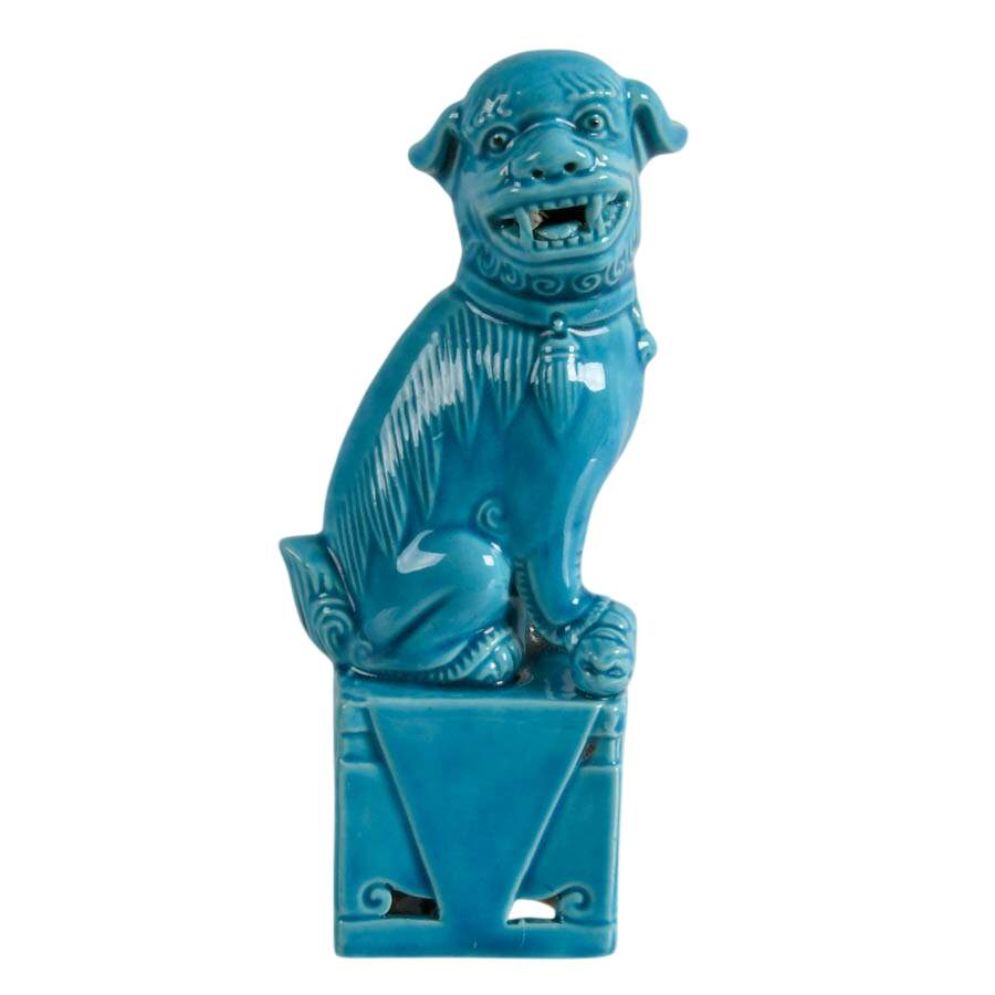 Single Turquoise Blue Glazed Porcelain Imperial Lion Statuette-1