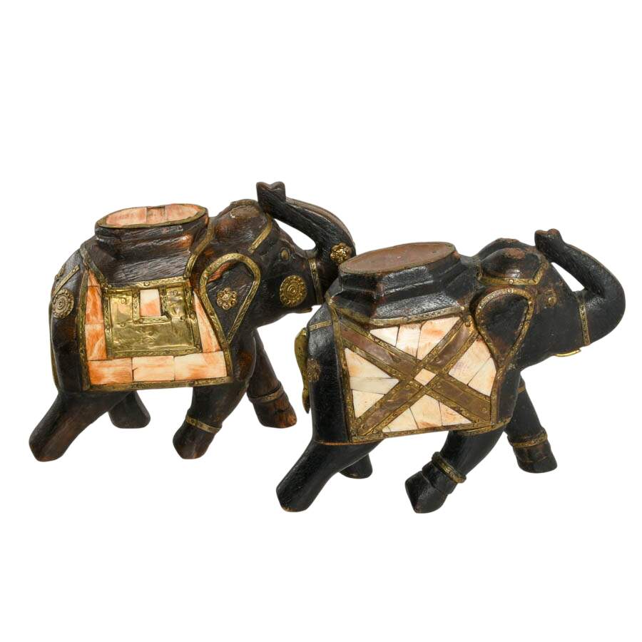 Pair of Hand-Carved Indian Bone Inlay Elephants-5