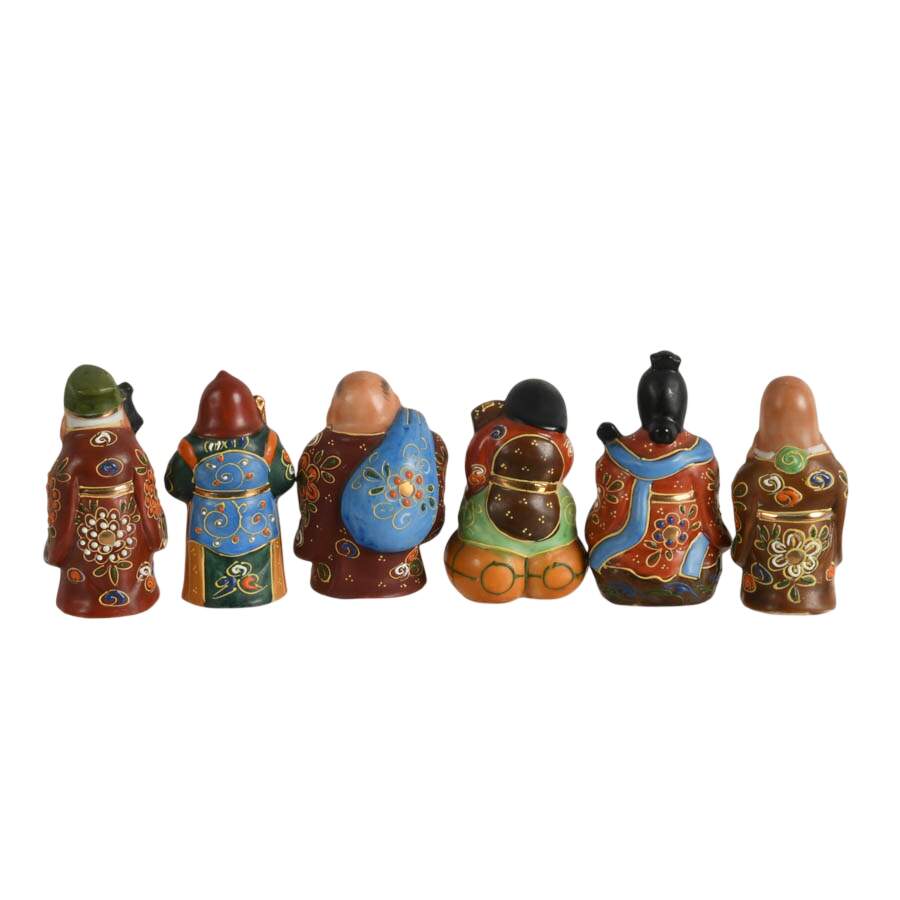 Collection of Six Japanese Lucky Gods Kutani Figurines-3