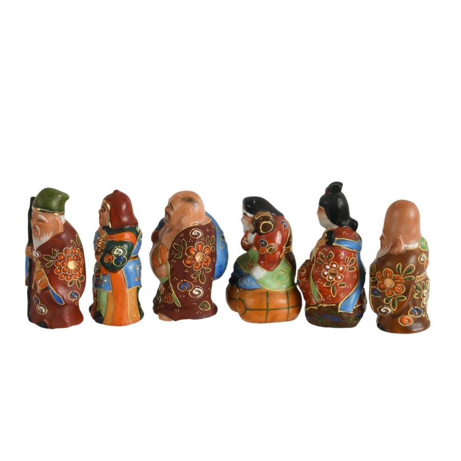 Collection of Six Japanese Lucky Gods Kutani Figurines-2