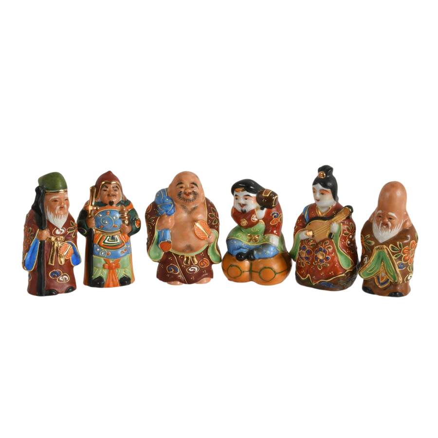 Collection of Six Japanese Lucky Gods Kutani Figurines-1