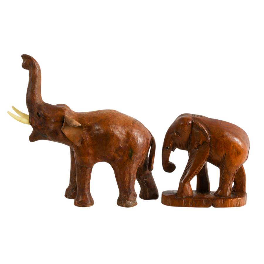 Pair of Hand-Carved Wood and Leather Elephants-2