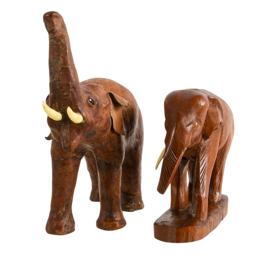Pair of Hand-Carved Wood and Leather Elephants-1