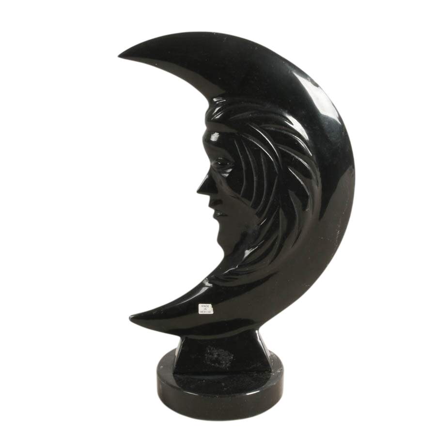 Carved Mexican Black Onyx Double-Sided Moon Face Sculpture-4