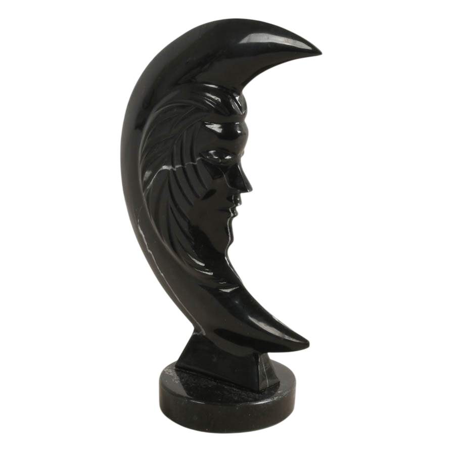 Carved Mexican Black Onyx Double-Sided Moon Face Sculpture-2