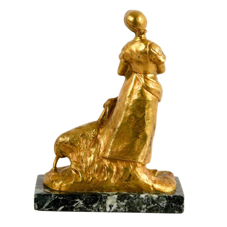 French Gilt Bronze Shepherdess on Marble Base After Charles Korschann-4