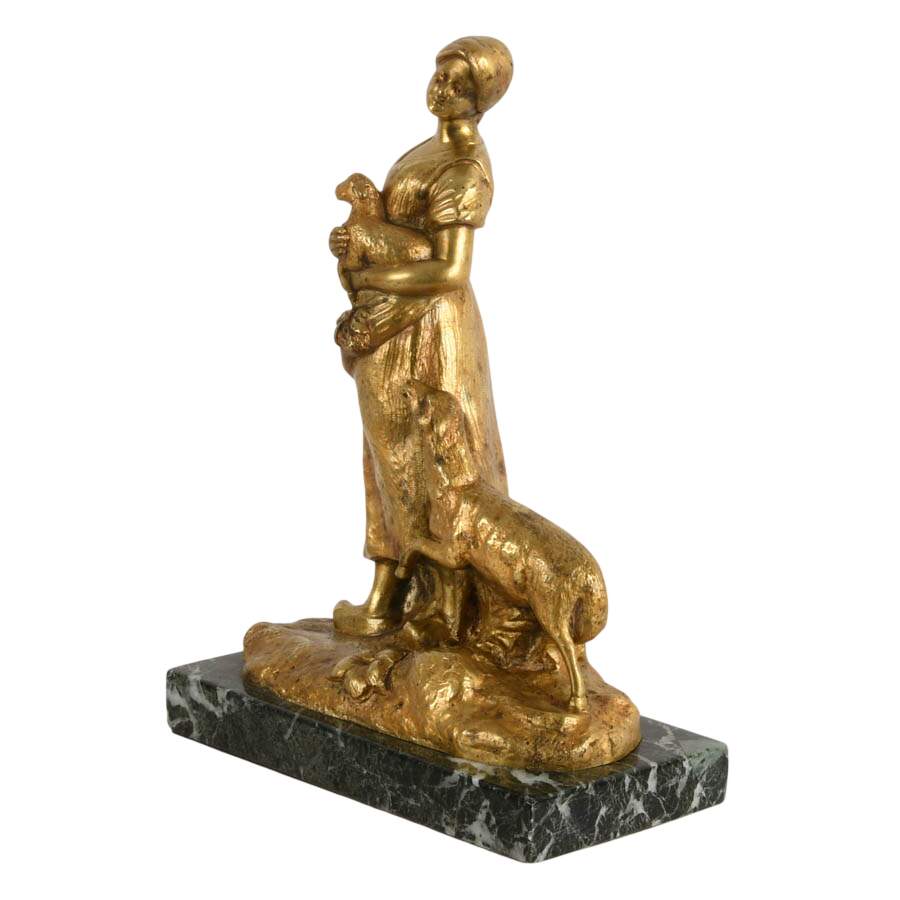 French Gilt Bronze Shepherdess on Marble Base After Charles Korschann-2