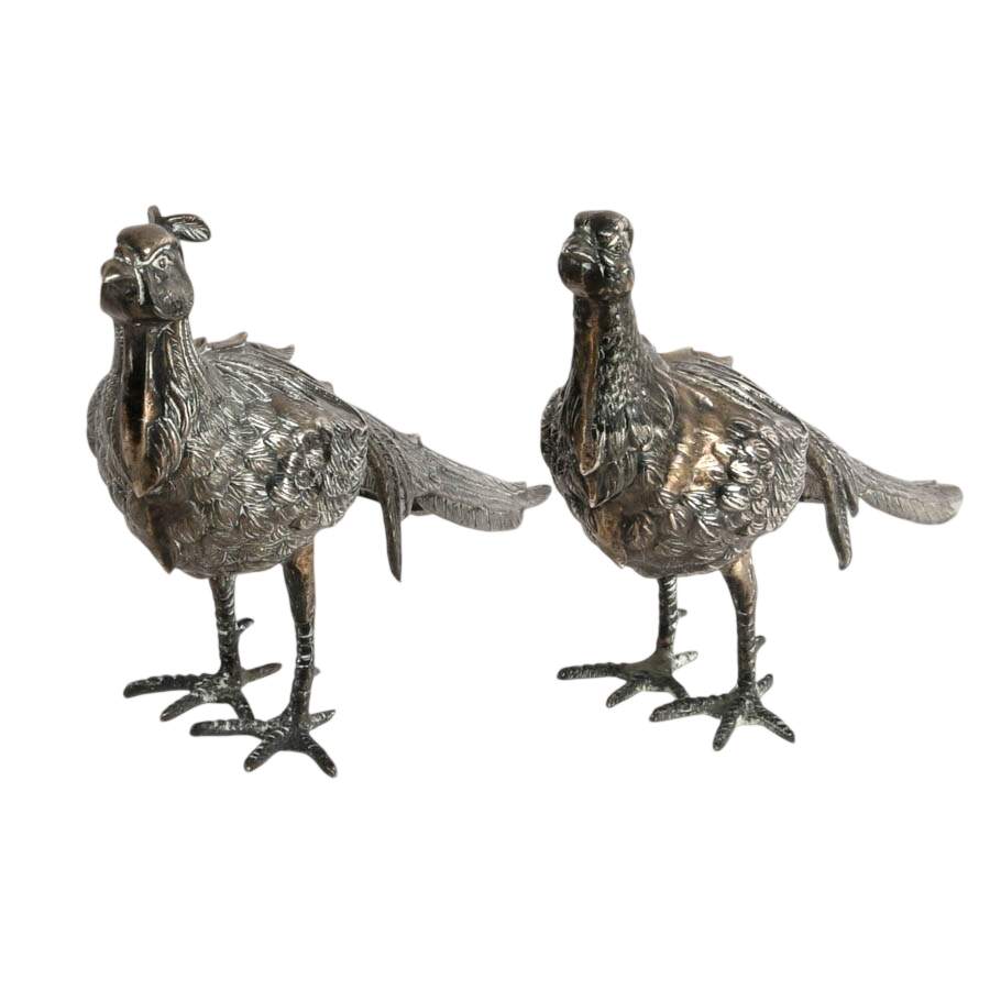 Pair of Small Antique Spanish .915 Silver Pheasant Figures by Pasgorcy-1