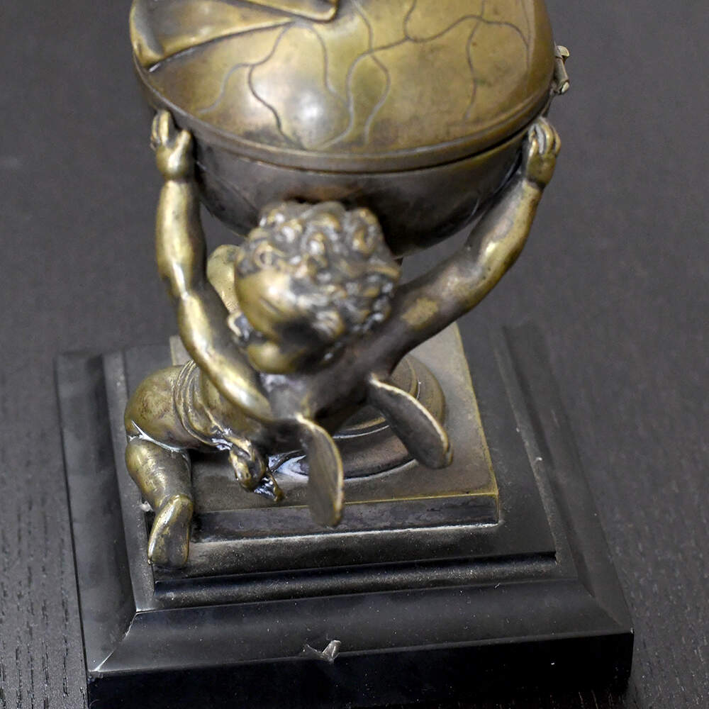 Unsigned Antique Mapmaking Cherubs Figural Bronze Inkwell-8