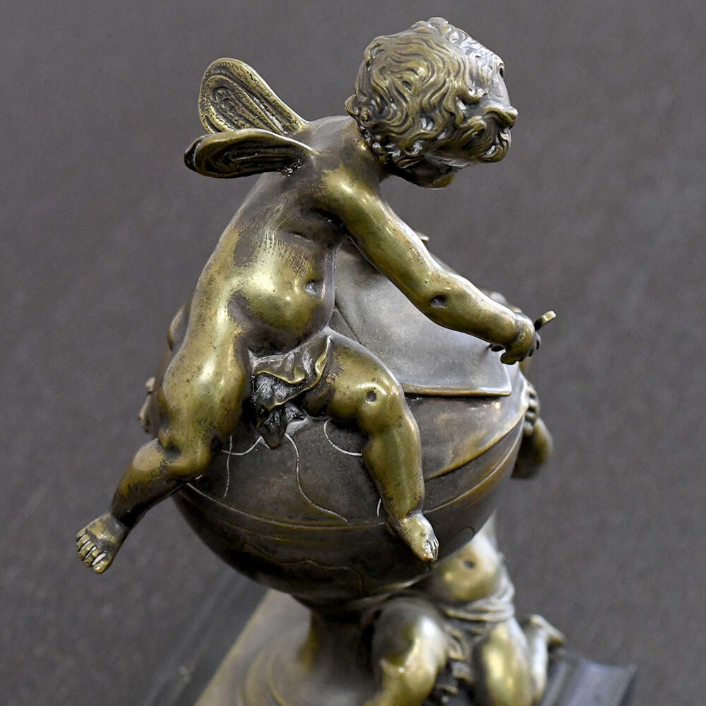 Unsigned Antique Mapmaking Cherubs Figural Bronze Inkwell-7