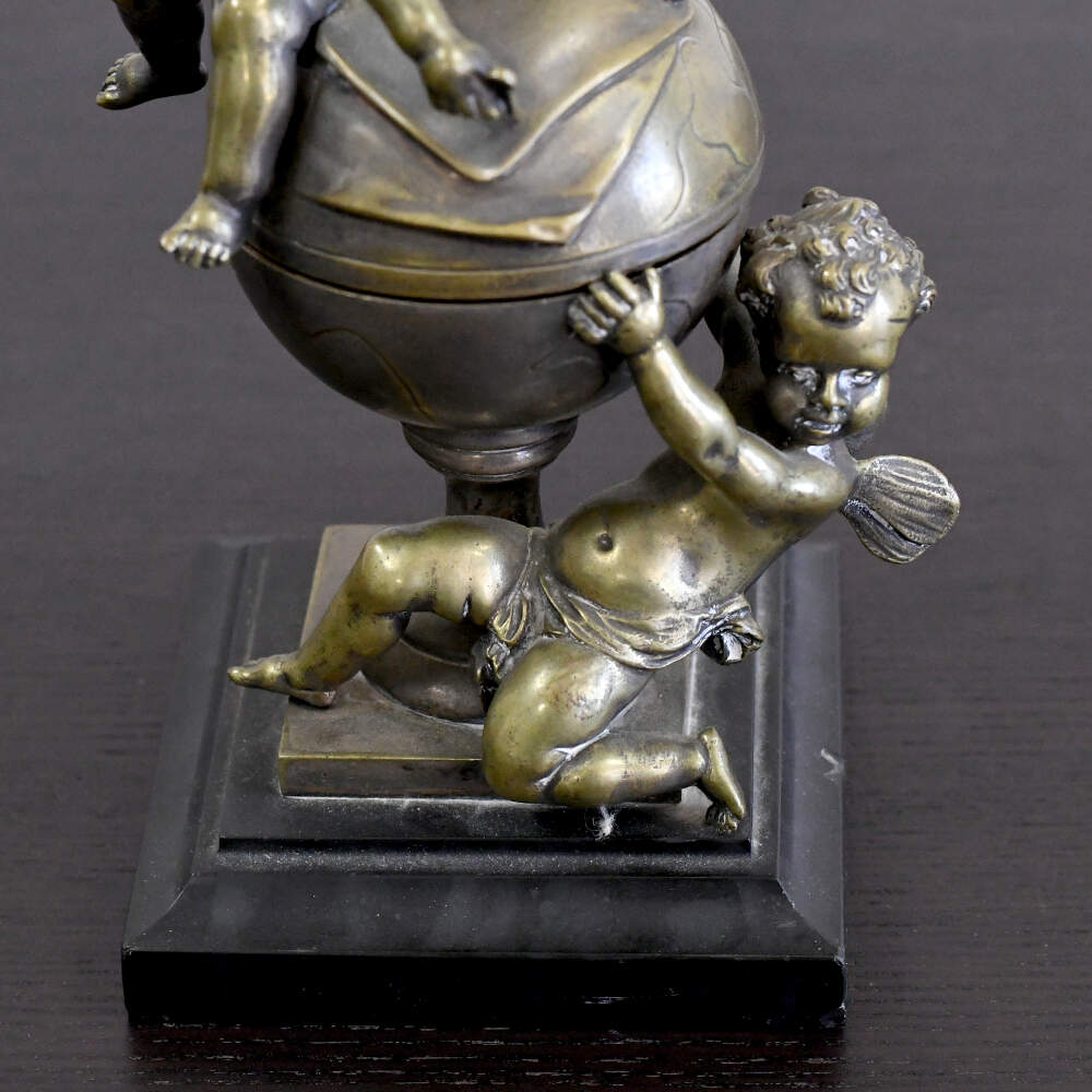 Unsigned Antique Mapmaking Cherubs Figural Bronze Inkwell-6
