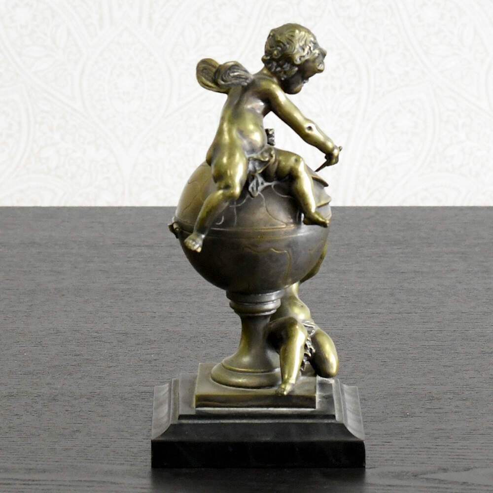 Unsigned Antique Mapmaking Cherubs Figural Bronze Inkwell-4